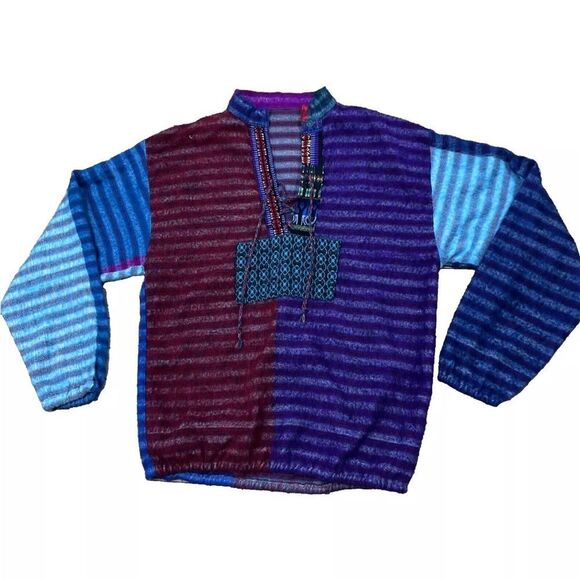 Boho Surfer Beach Sweater Adult L Tribal Beach Knit Aqua ColorBlock Pullover M/L - Picture 1 of 16